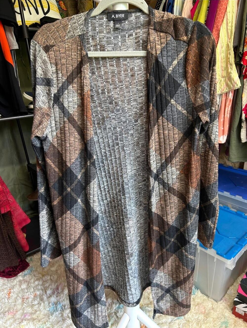 A. Byer Women's Large Plaid Open Front Cardigan Sweater